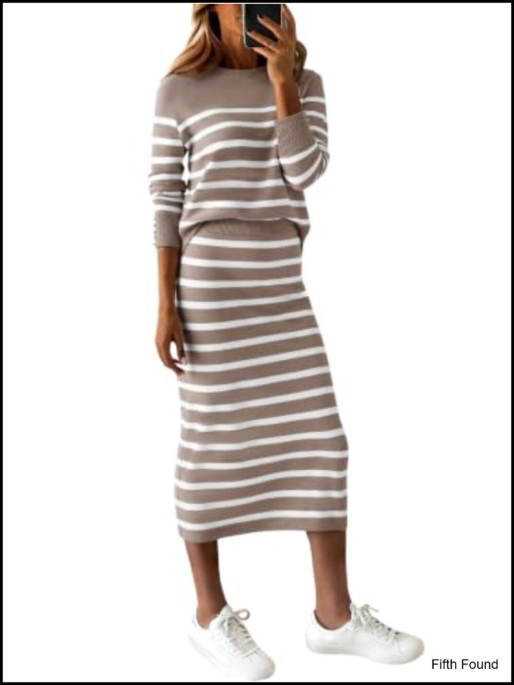 Womens 2 Piece Knit Skirt Set Long Sleeve Top Striped Midi Sweater Dress
